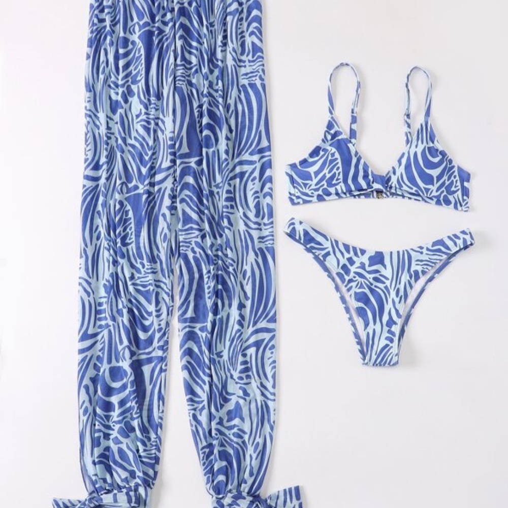 💙. Print Bikini Swimsuit & Cover Up Pants Set (3 piece) NWT - Picture 2 of 12